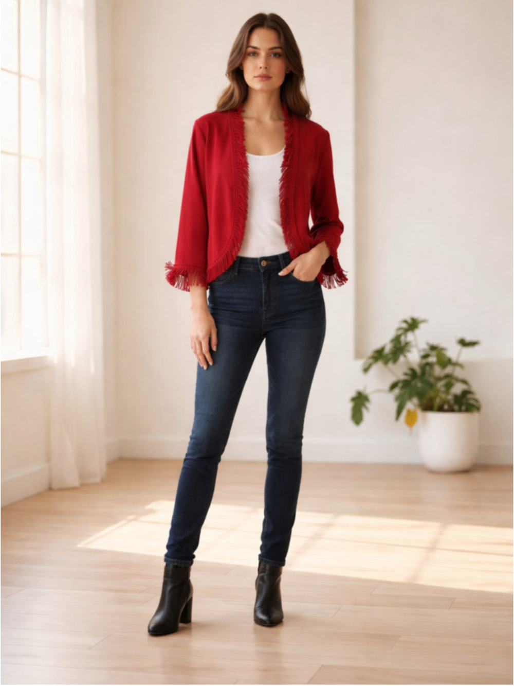 Lennie for Nina Leonard Red Fringe Cardigan Sweater Size S (20” PTP)